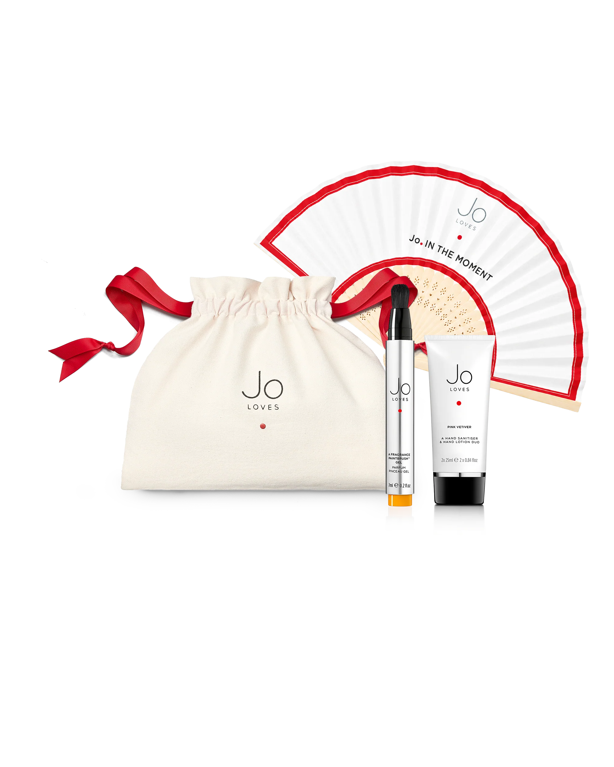 A Festival Edit: Mango Thai Lime Fragrance Paintbrush™ (7ml), Pink Vetiver Hand Sanitiser & Hand Lotion (2x25ml), Jo.In The Moment Fan