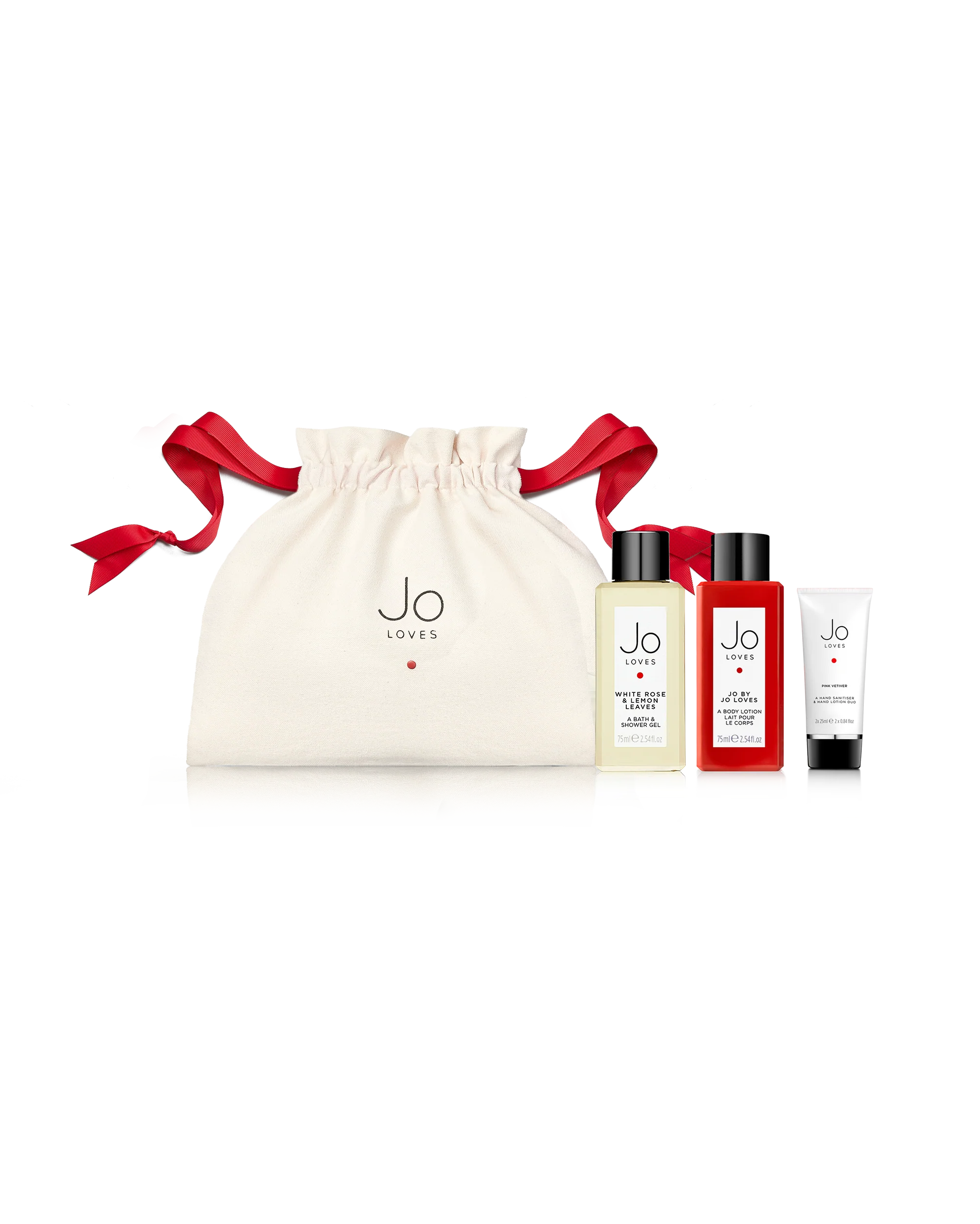 A Gym Set: White Rose & Lemon Leaves Bath & Shower Gel (75ml) + Pink Vetiver Hand Sanitiser & Hand Lotion (2x25ml) + Jo by Jo Loves Body Lotion (75ml)